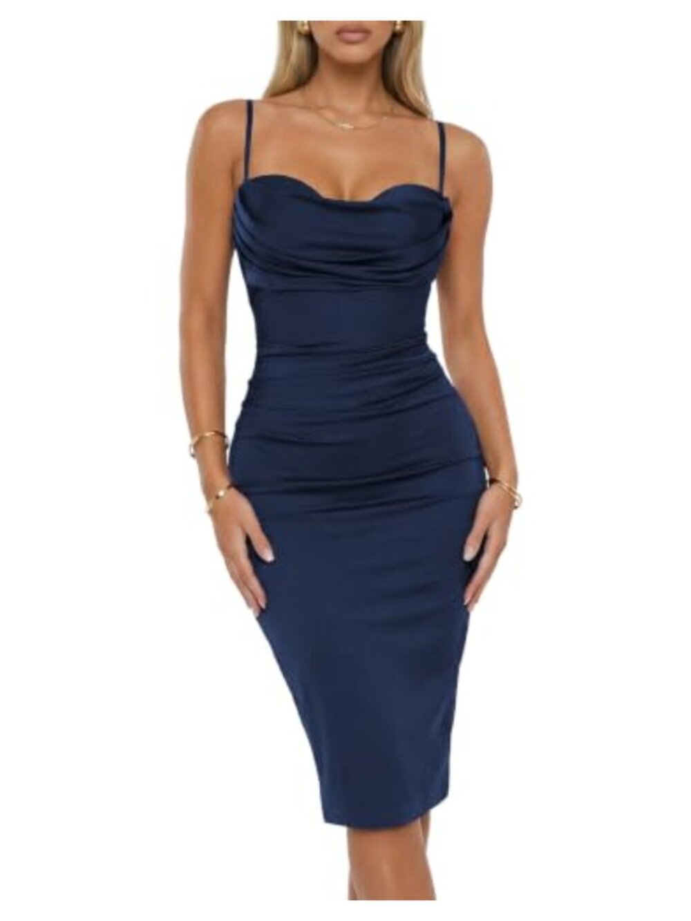 Cowl Neck Ruched Bodycon Midi Dress Spaghetti Strap Cocktail Party